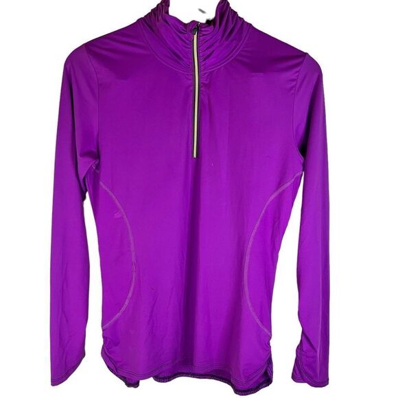 Title Nine Paradigm 1/4 Zip Long Sleeve Pullover Top Purple Med Graphic Writing - Picture 1 of 9